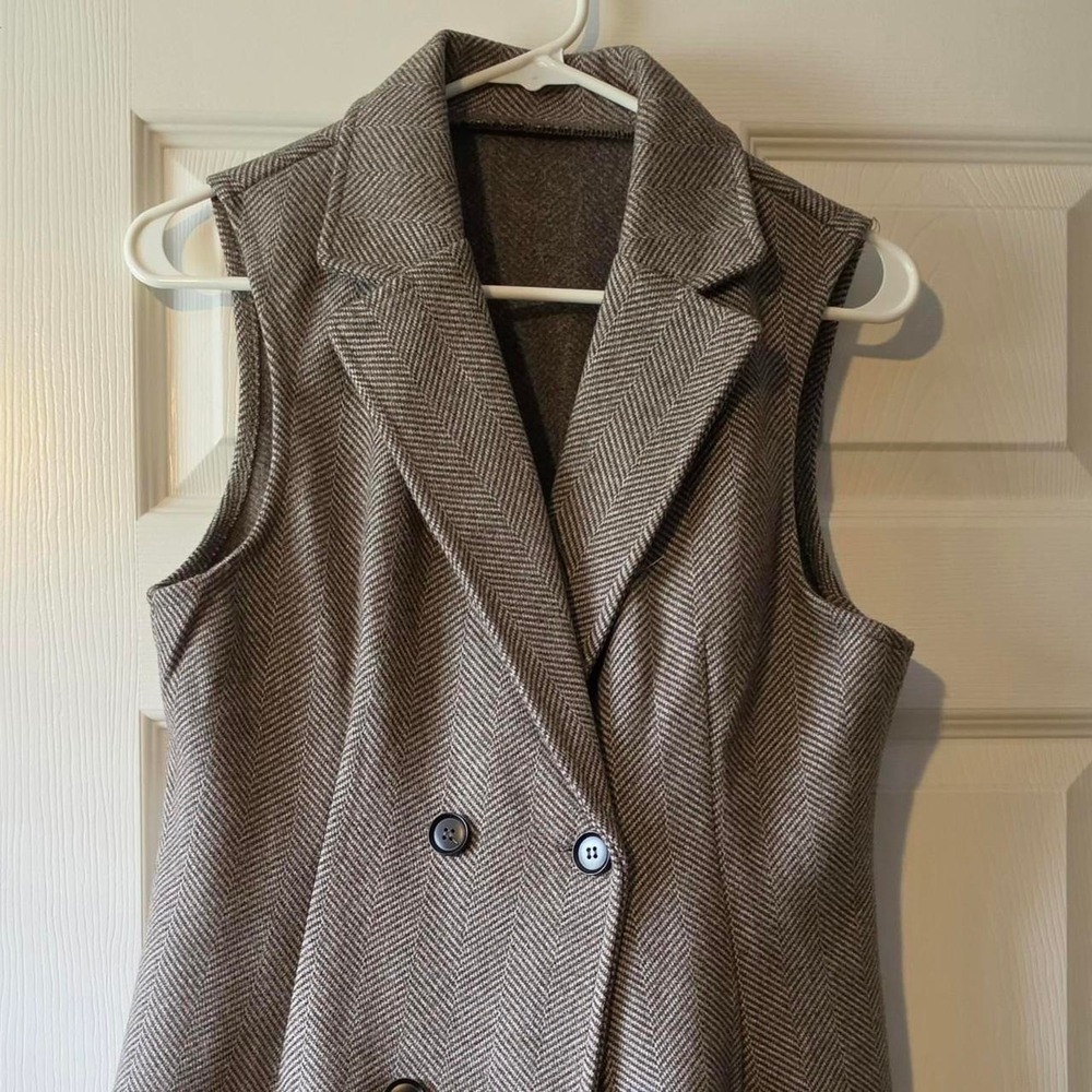 Shein Women Brown Herringbone Double Breasted Sleeveless Blazer Vest Small 4